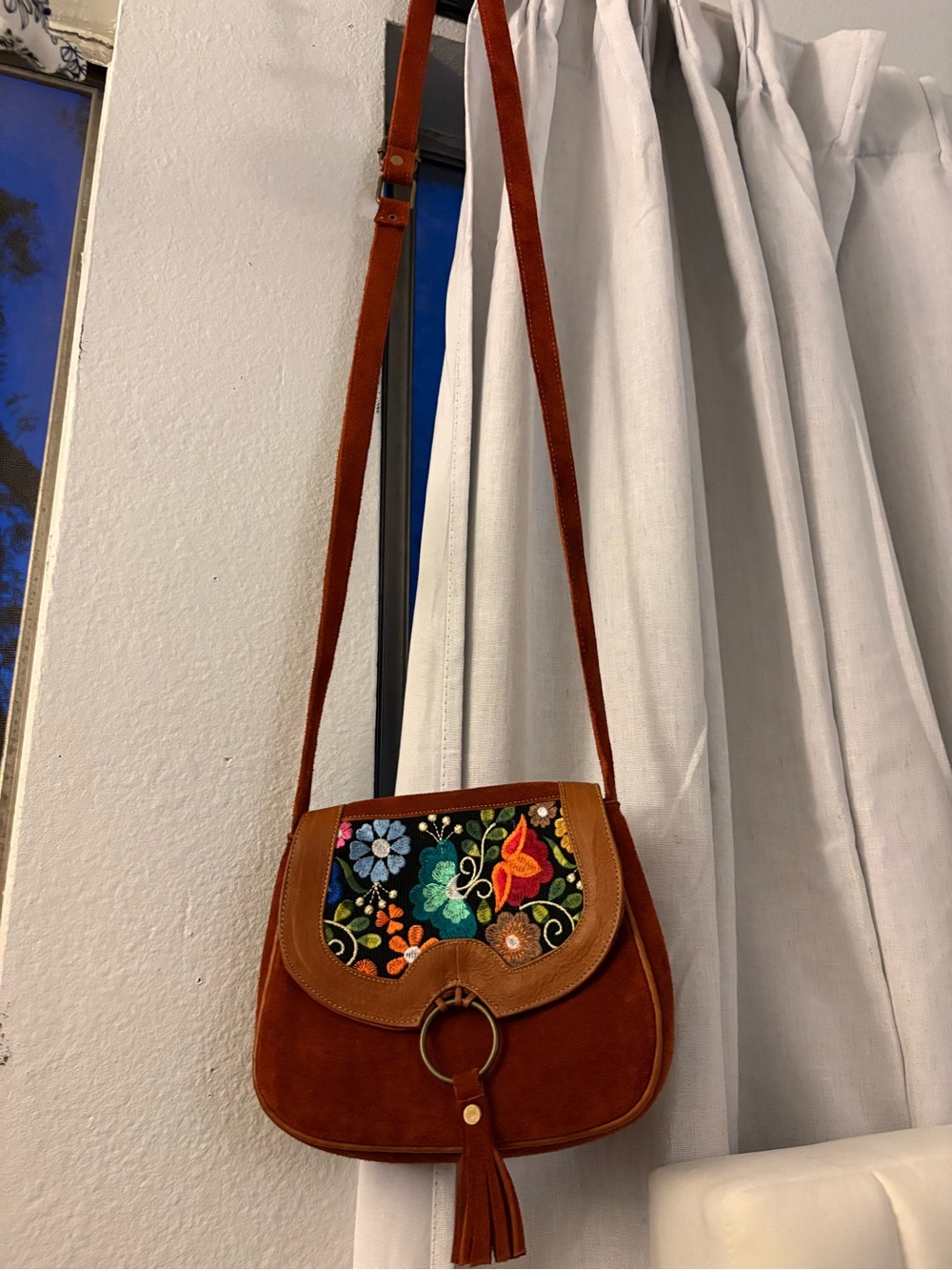Brown Suede Crossbody Bag with Floral Embroidered Flap - Picture 2 of 5